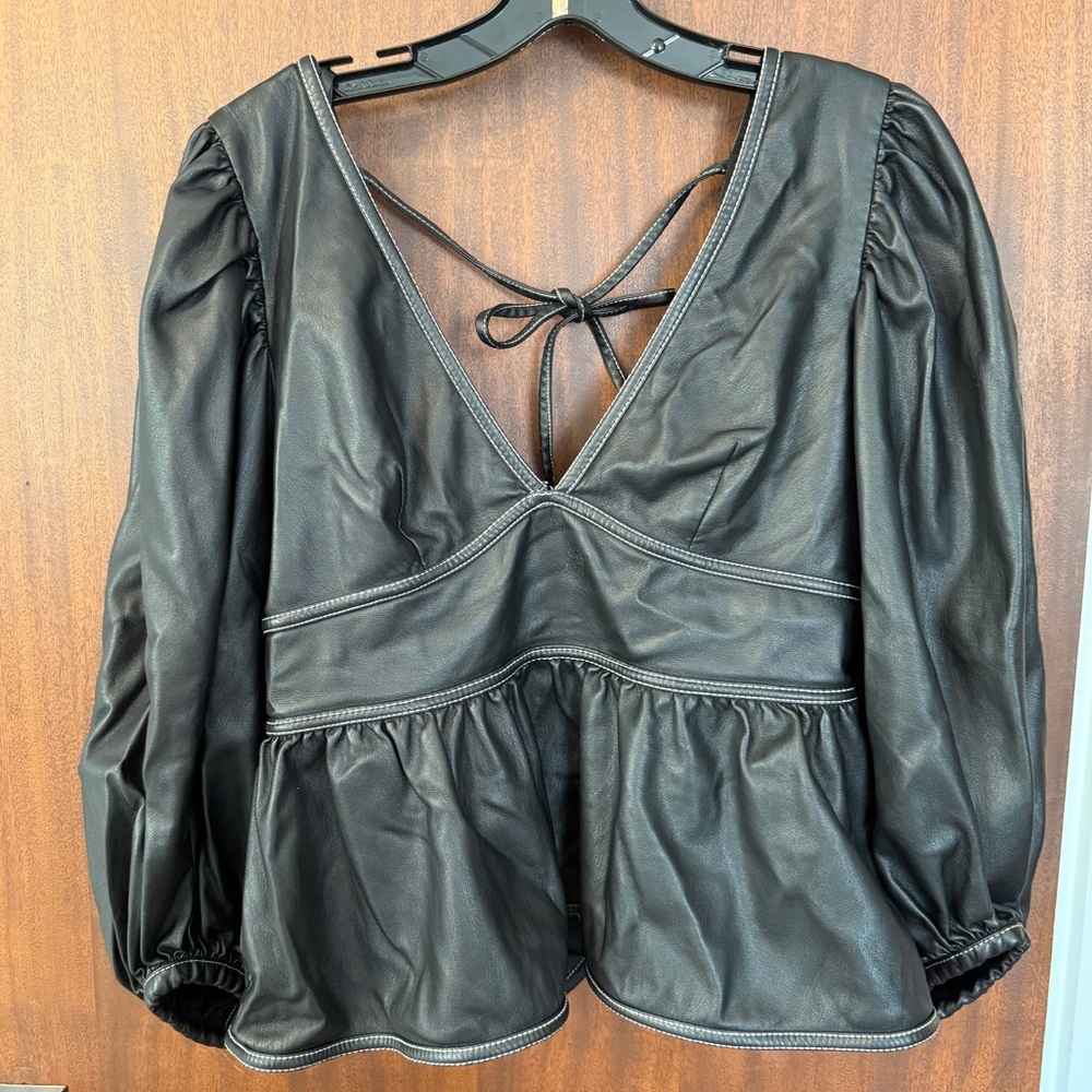 STAUD Black Puff Sleeve Leather Blouse